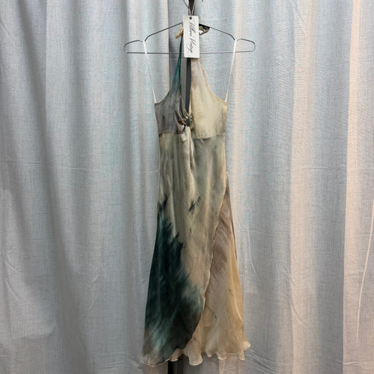 Beige and Teal 100% Silk Abstract Print Midi Dress