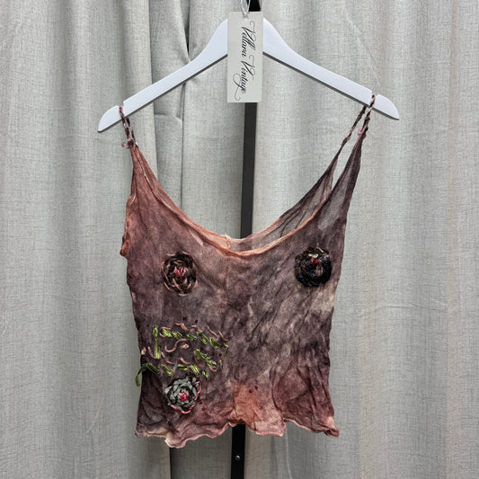 Pink & Purple Dyed Sheer Knit Tank Top w/ Floral Embroidery