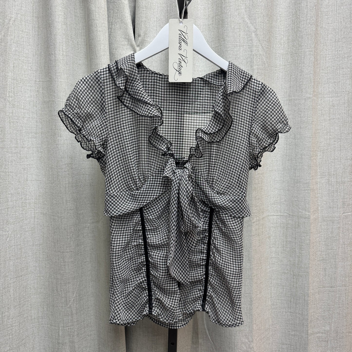 Gingham Ruffle Ruched Bow Detail V-Neck Short Sleeve Blouse