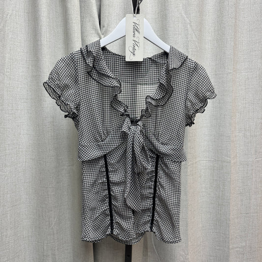 Gingham Ruffle Ruched Bow Detail V-Neck Short Sleeve Blouse
