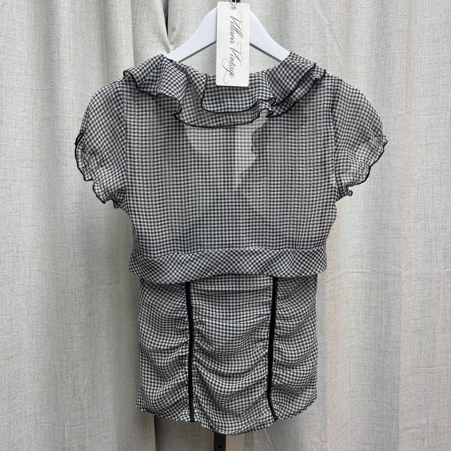 Gingham Ruffle Ruched Bow Detail V-Neck Short Sleeve Blouse