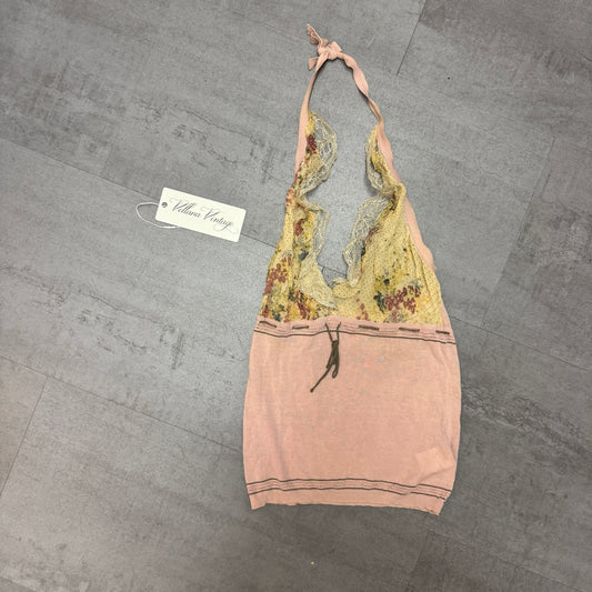 RED Valentino Halter Floral Mesh and Knit Tank Top