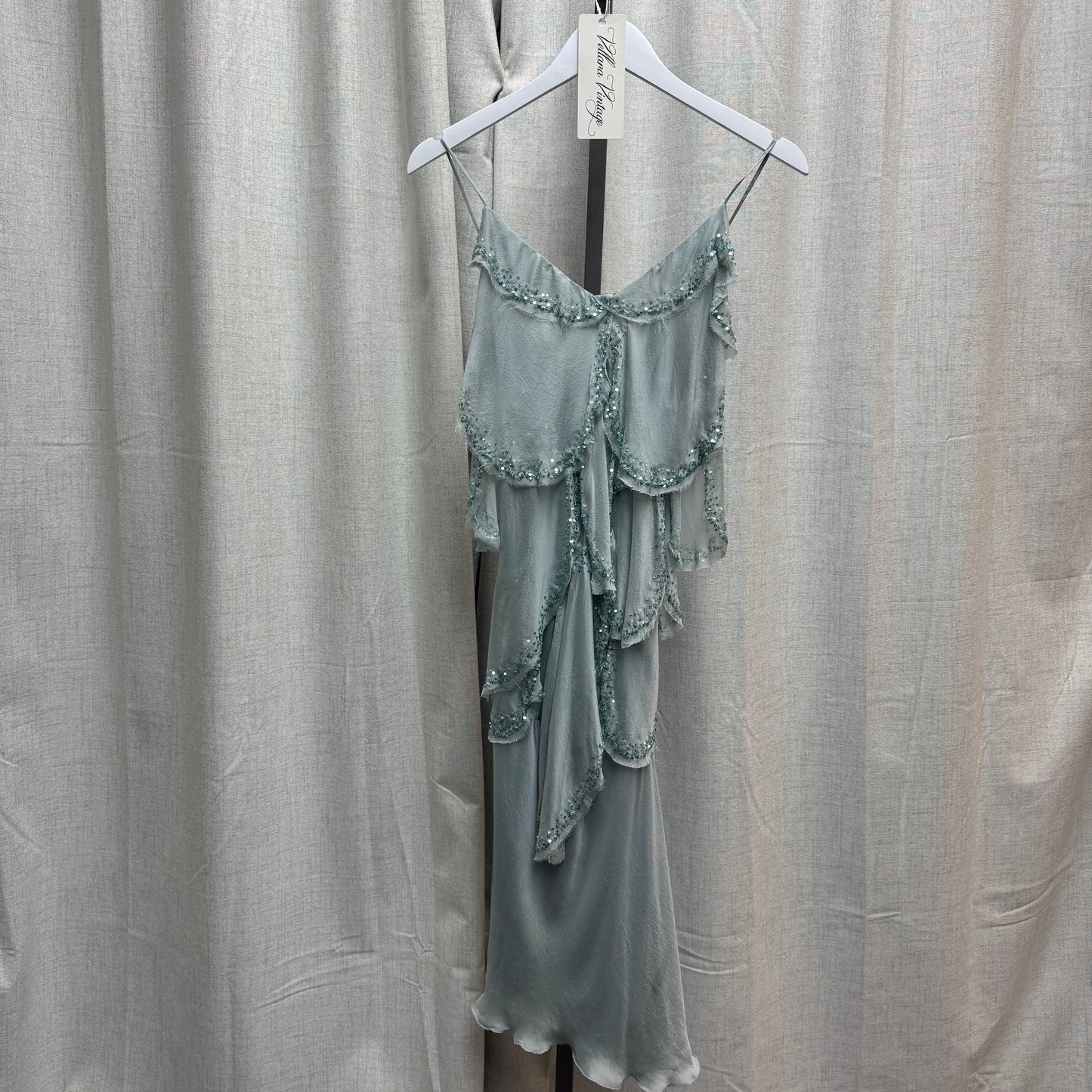 Philosophy by Alberta Ferretti Silk Aqua Layered Sequin Midi Dress