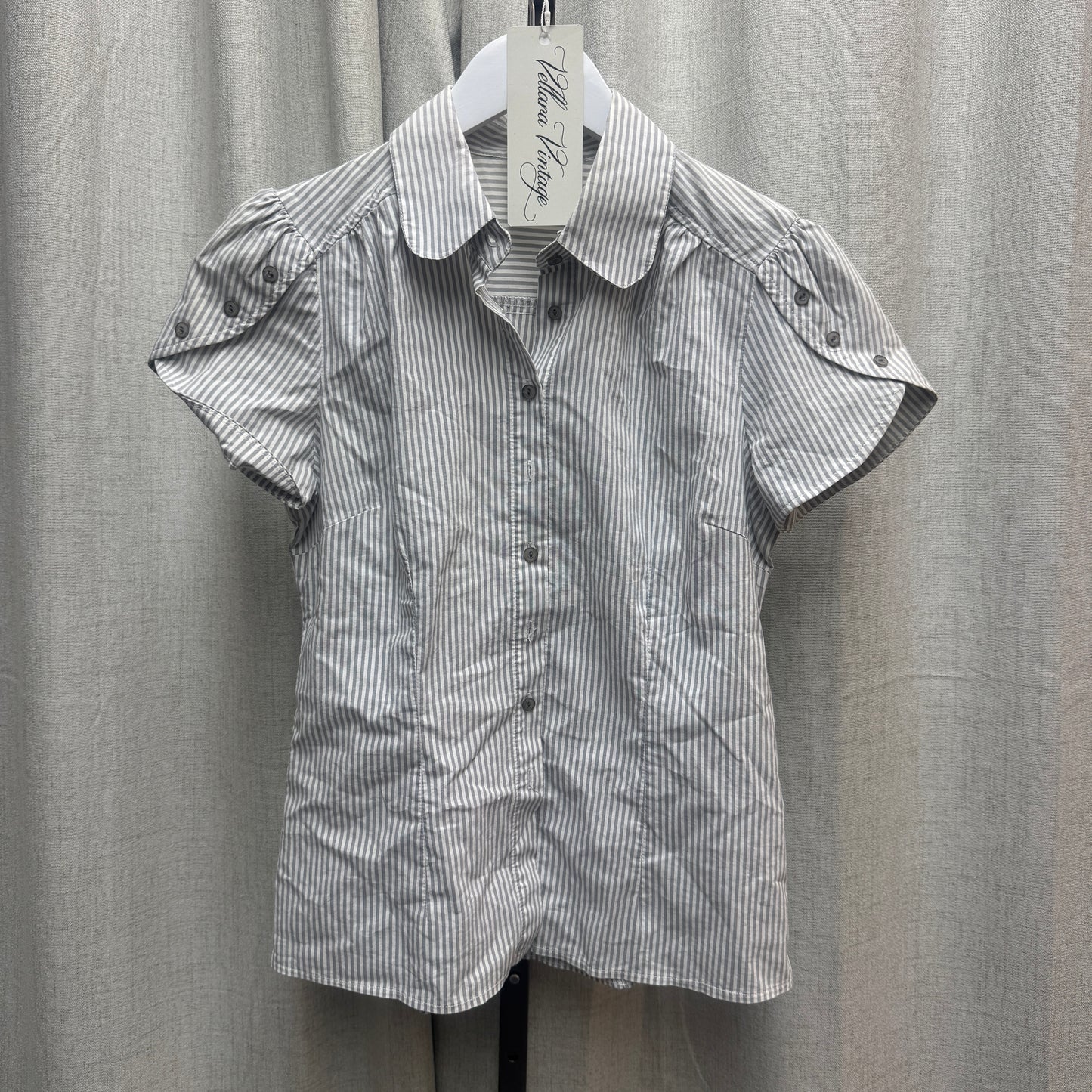 Gray & White Striped Short Sleeve Button-Down Blouse w/ Button Details