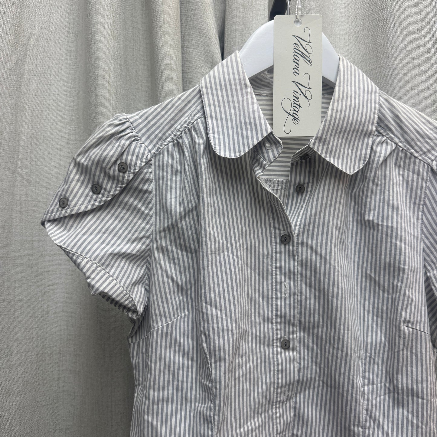 Gray & White Striped Short Sleeve Button-Down Blouse w/ Button Details