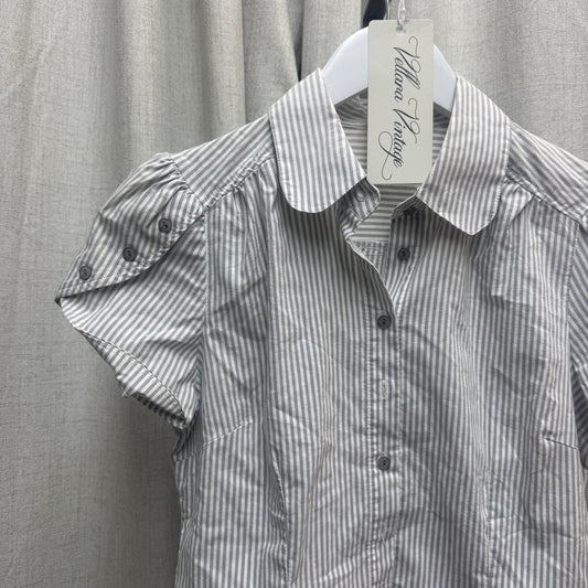 Gray & White Striped Short Sleeve Button-Down Blouse w/ Button Details