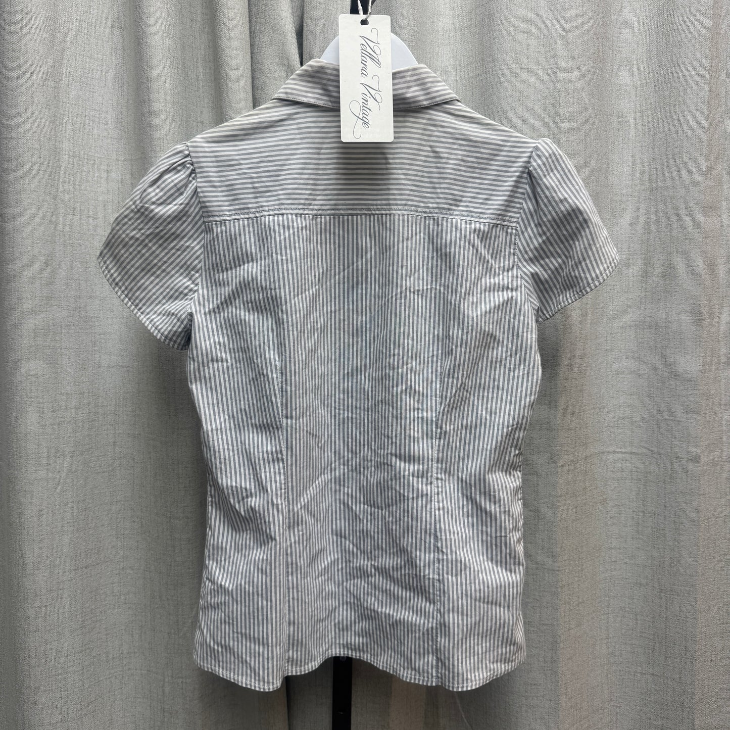 Gray & White Striped Short Sleeve Button-Down Blouse w/ Button Details
