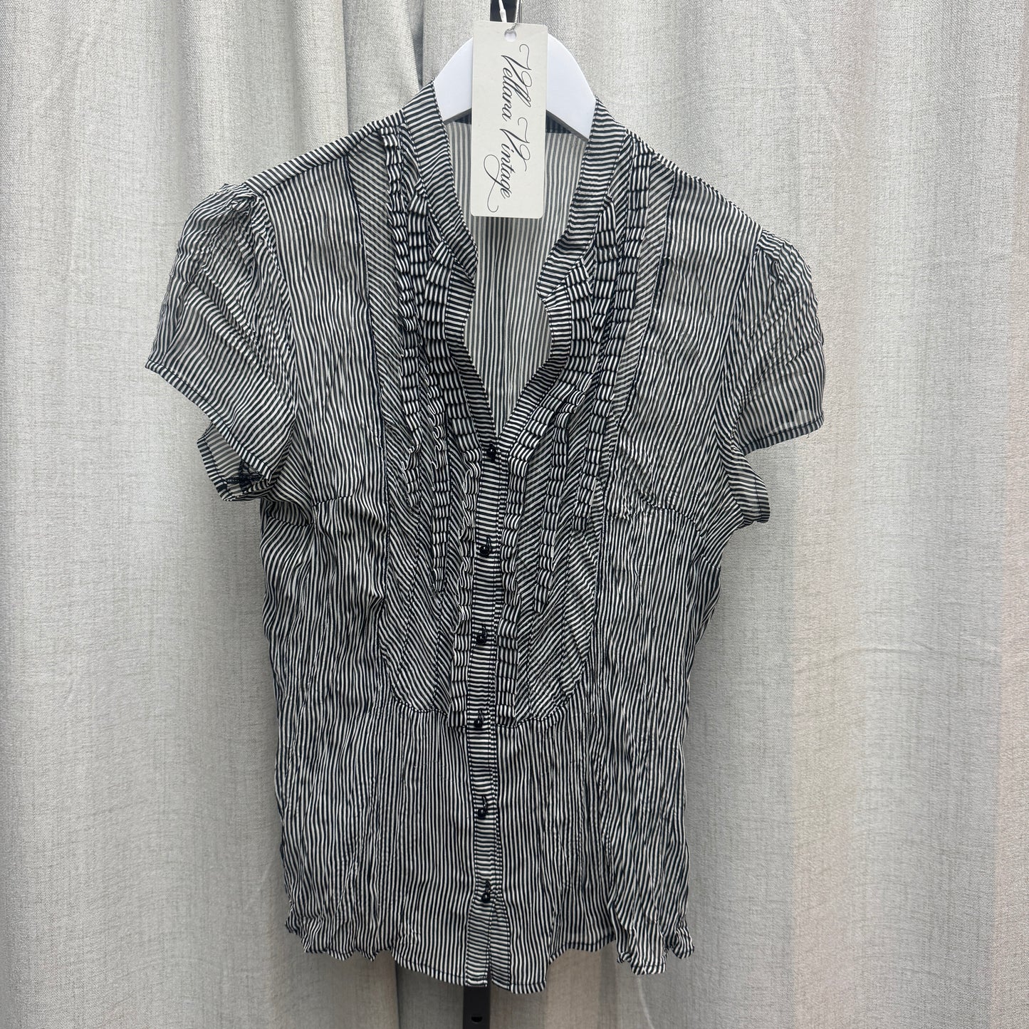 Black & White Striped Semi-Sheer Ruffle Low-Neck Button Short Sleeve Blouse