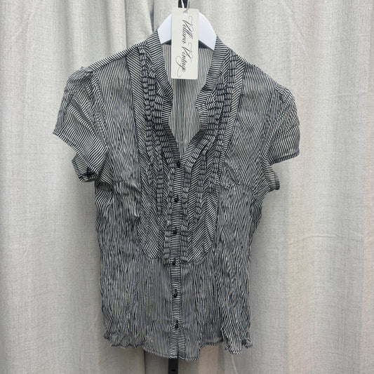 Black & White Striped Semi-Sheer Ruffle Low-Neck Button Short Sleeve Blouse