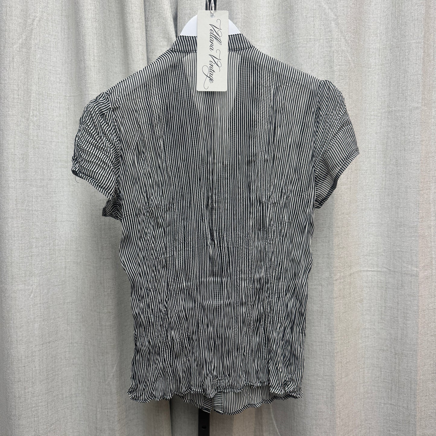 Black & White Striped Semi-Sheer Ruffle Low-Neck Button Short Sleeve Blouse