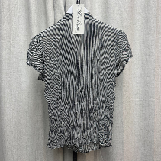 Black & White Striped Semi-Sheer Ruffle Low-Neck Button Short Sleeve Blouse