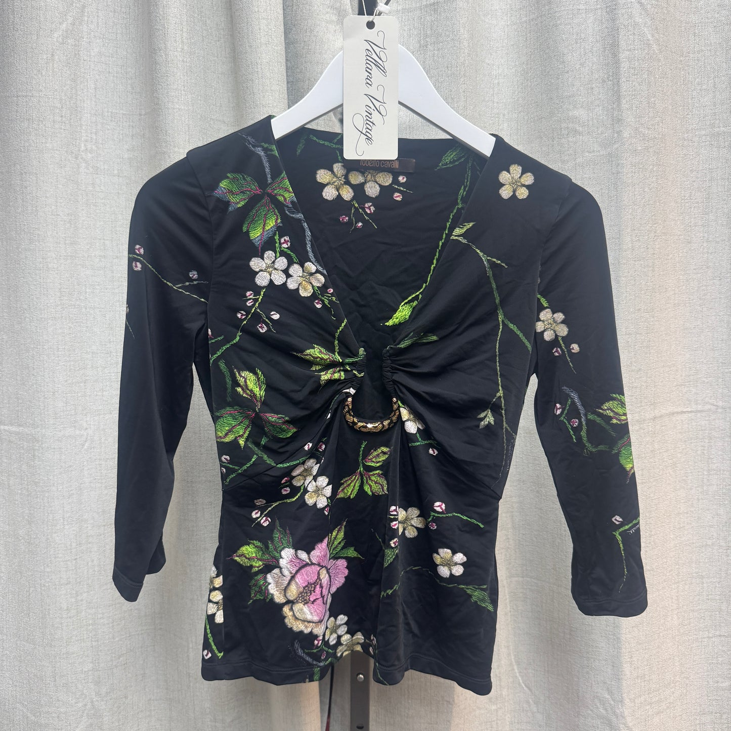 Roberto Cavalli Black Floral 3/4 Sleeve Top