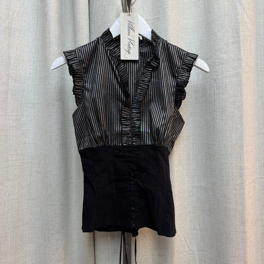Black and Grey Striped Lace-Up Ruffle Blouse