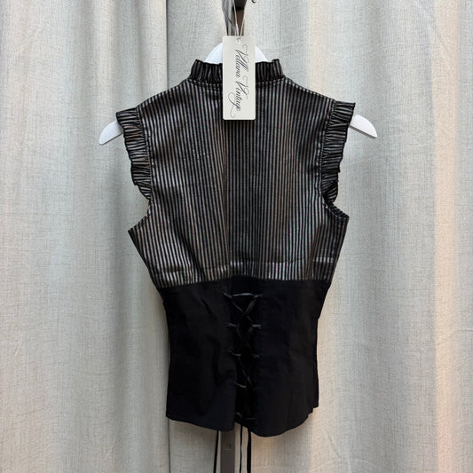 Black and Grey Striped Lace-Up Ruffle Blouse