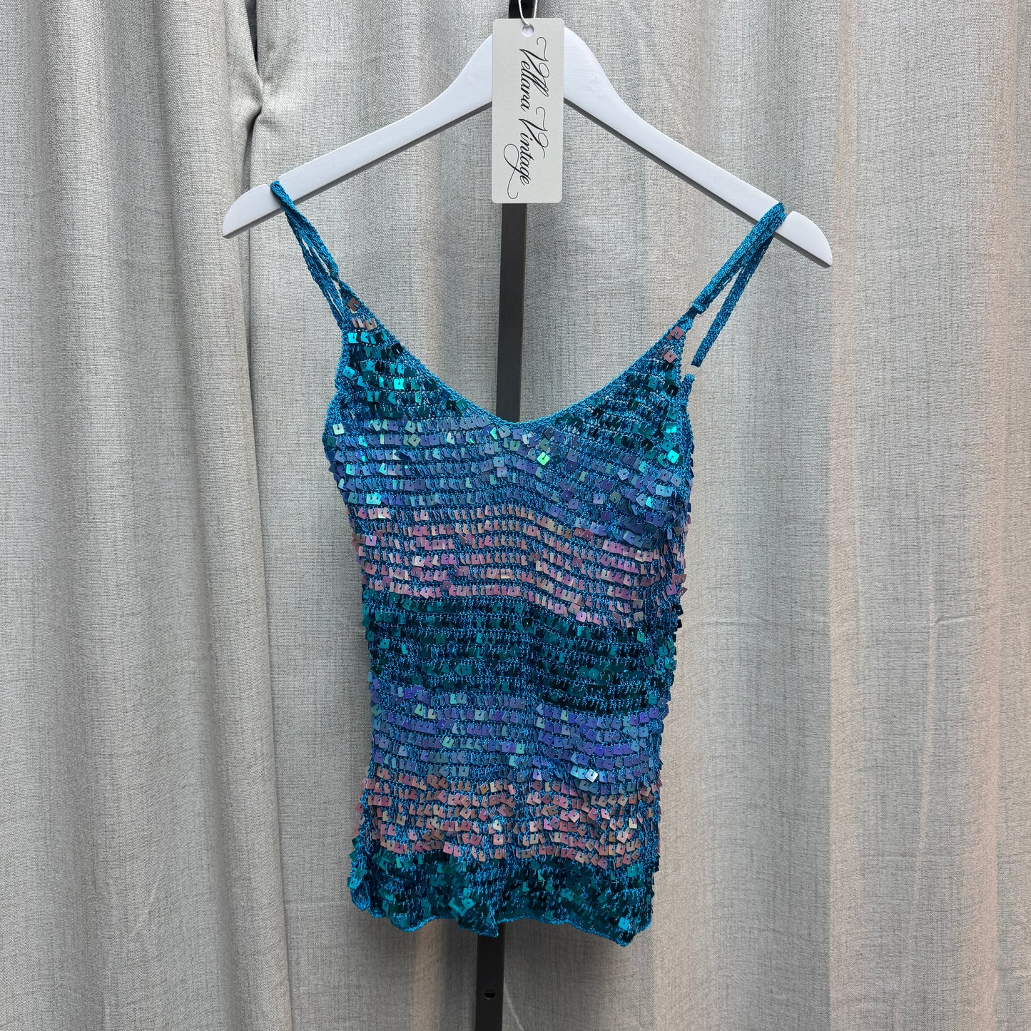 Blue Striped Sequin Knit Tank Top