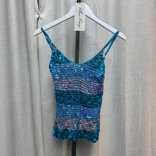 Blue Striped Sequin Knit Tank Top