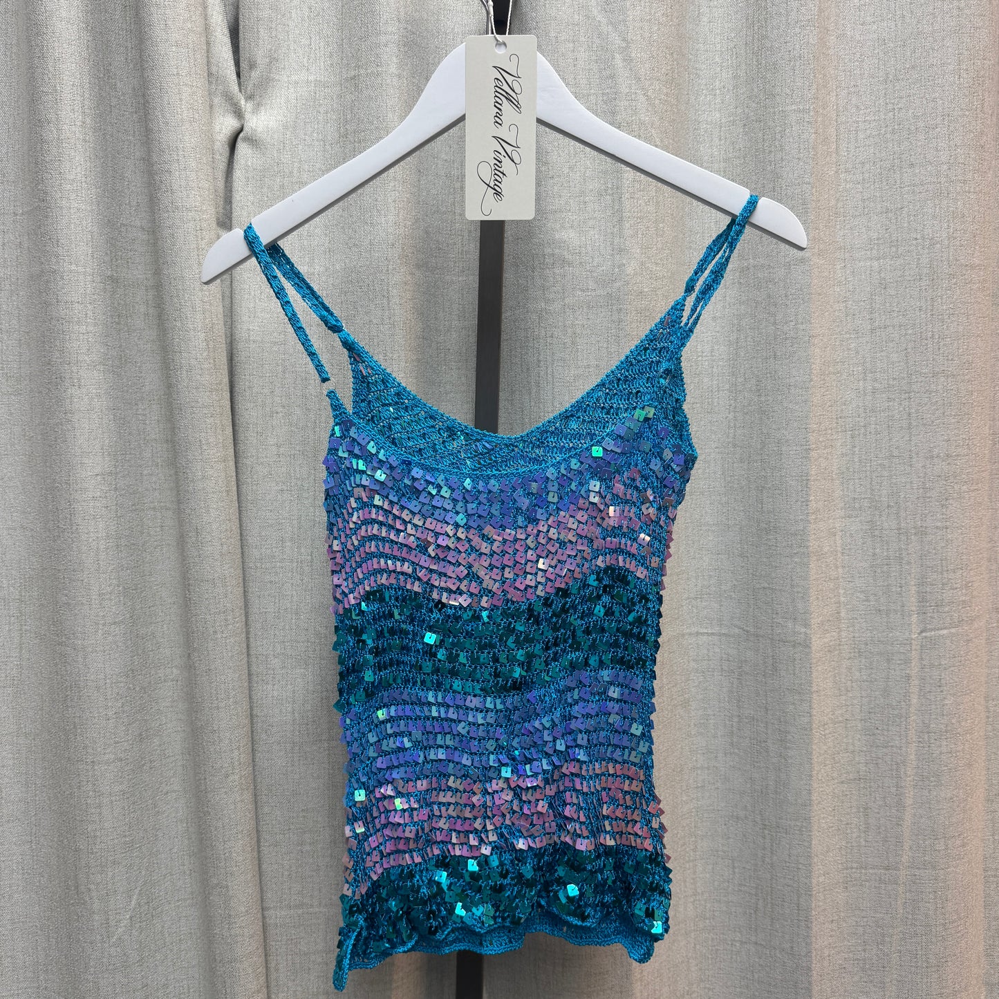 Blue Striped Sequin Knit Tank Top