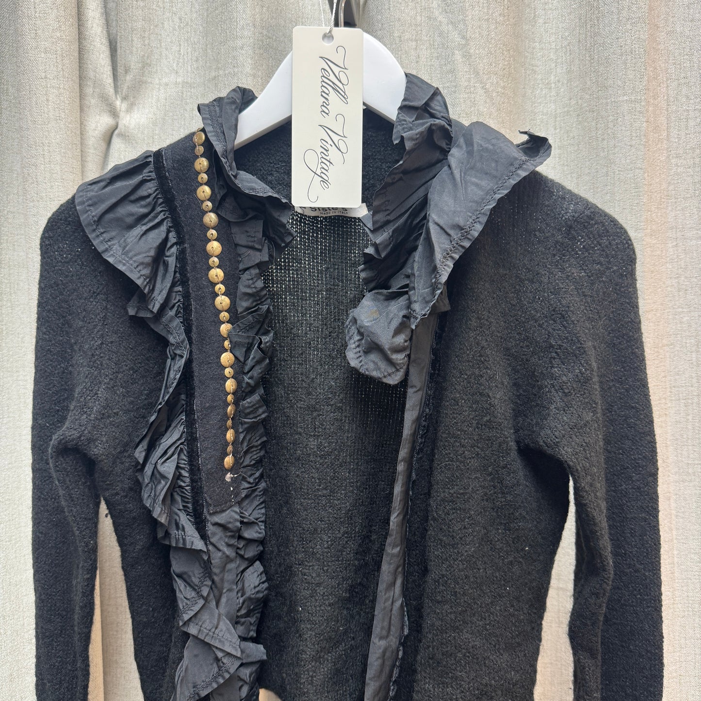 Siste's Black Ruffle Lined Grommet Knit Cardigan w/ Tie