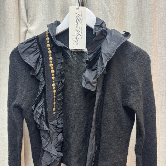 Siste's Black Ruffle Lined Grommet Knit Cardigan w/ Tie