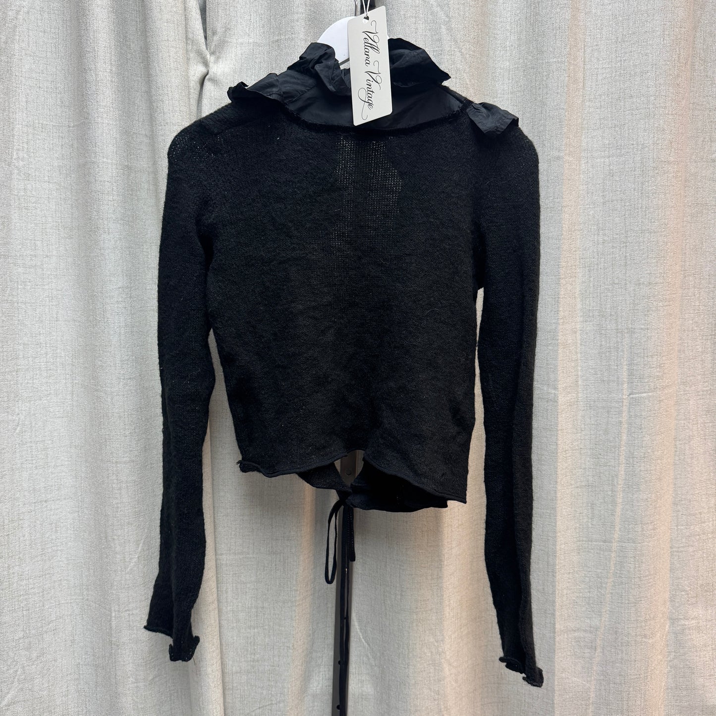 Siste's Black Ruffle Lined Grommet Knit Cardigan w/ Tie