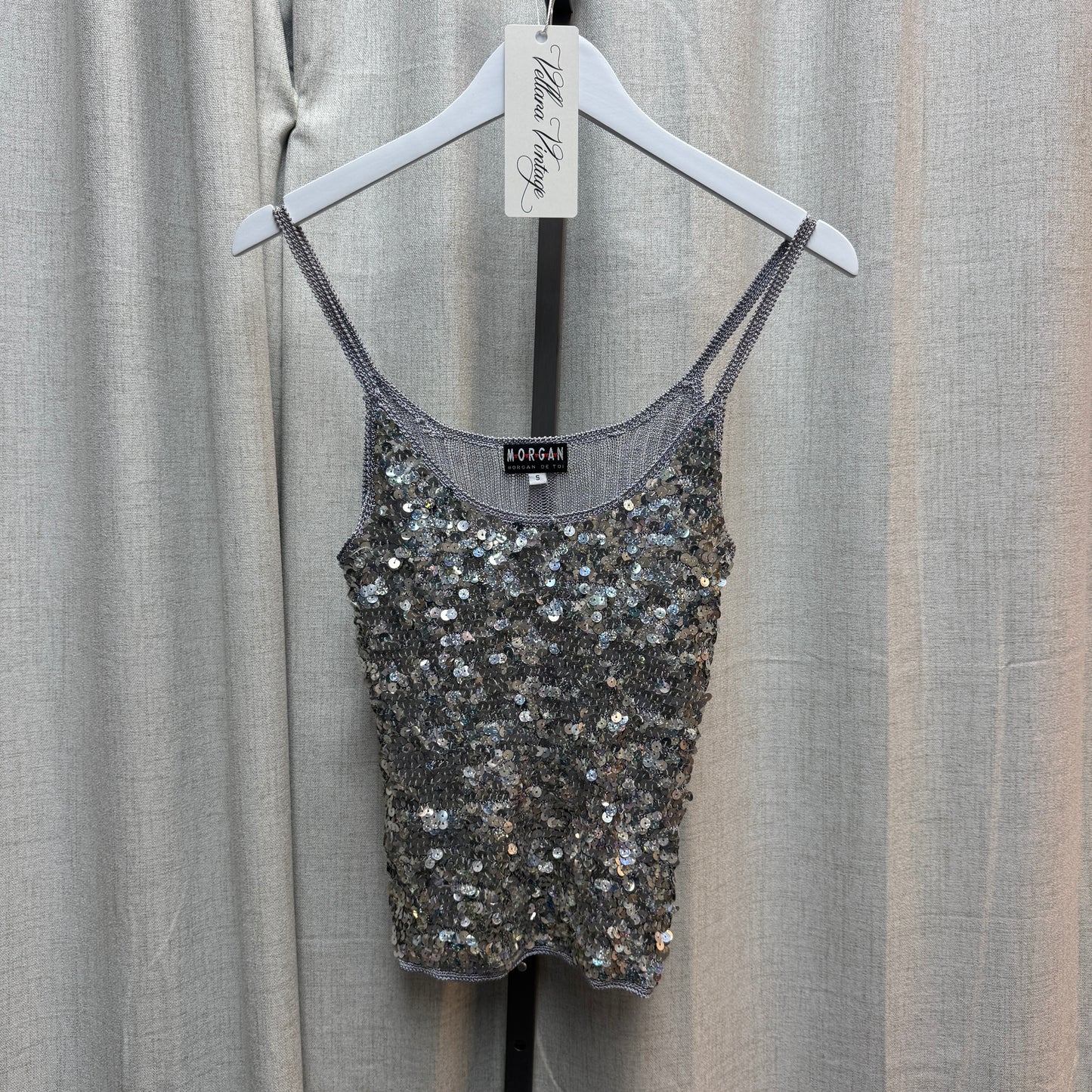 Morgan De Toi Silver Sequin Crochet Tank Top