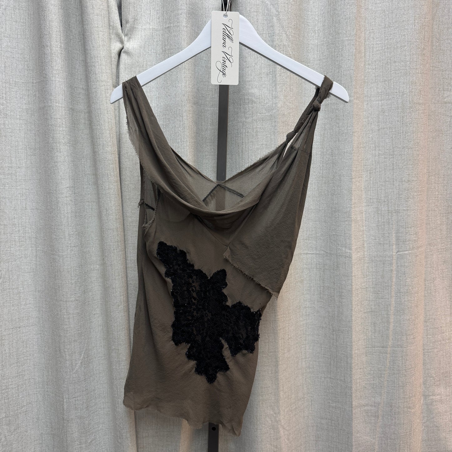 Pinko Taupe Draped Tank Top w/ Black Lace Flower