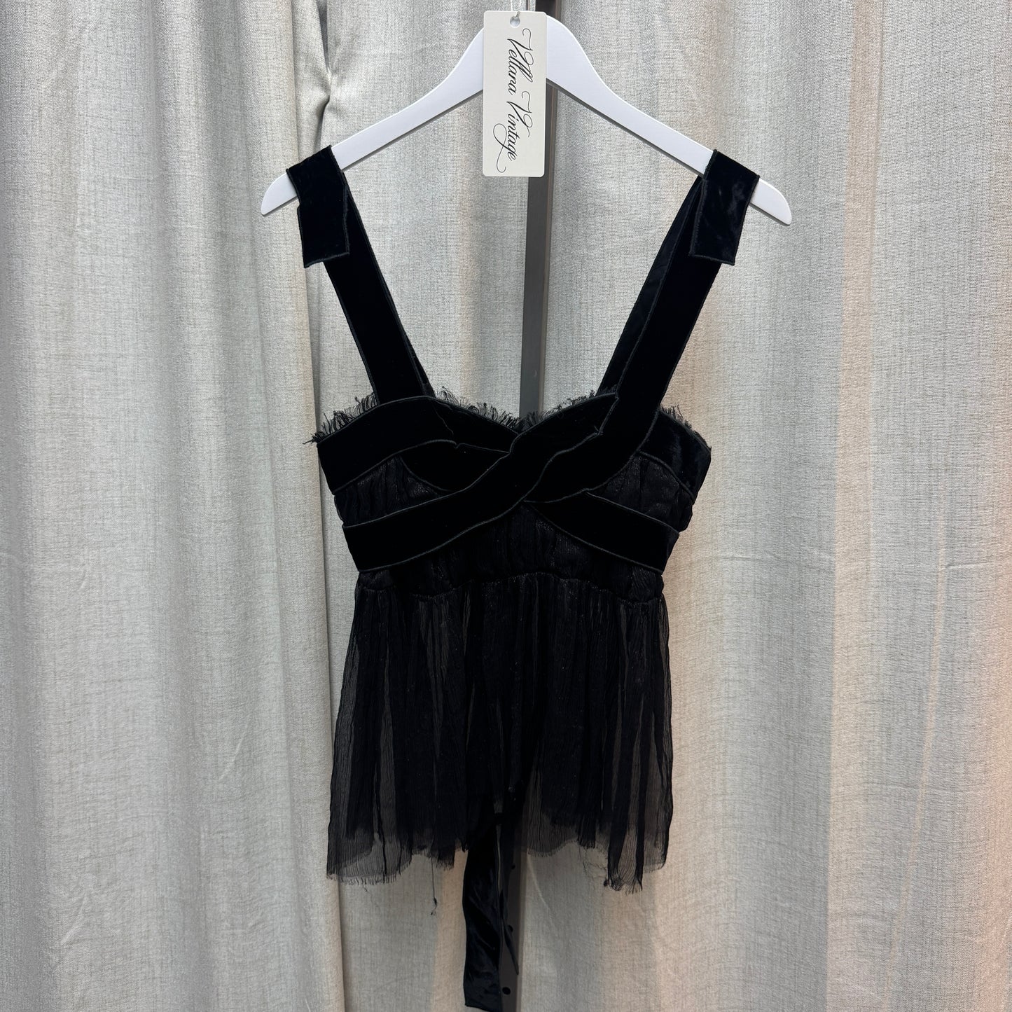 Paule Ka Black Velvet & Silk Babydoll Tank Top