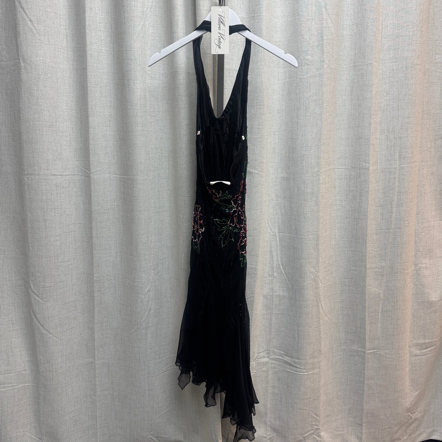 YVE London Black Silk Beaded Floral Halter Neck Backless Dress