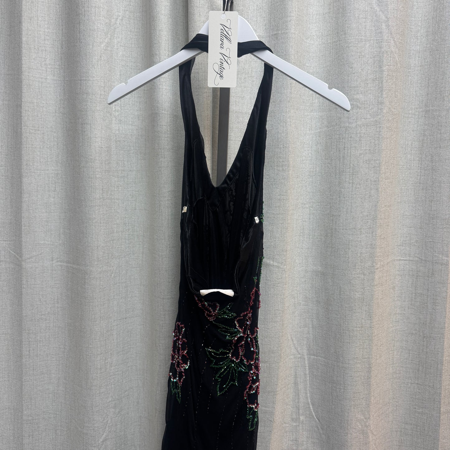 YVE London Black Silk Beaded Floral Halter Neck Backless Dress