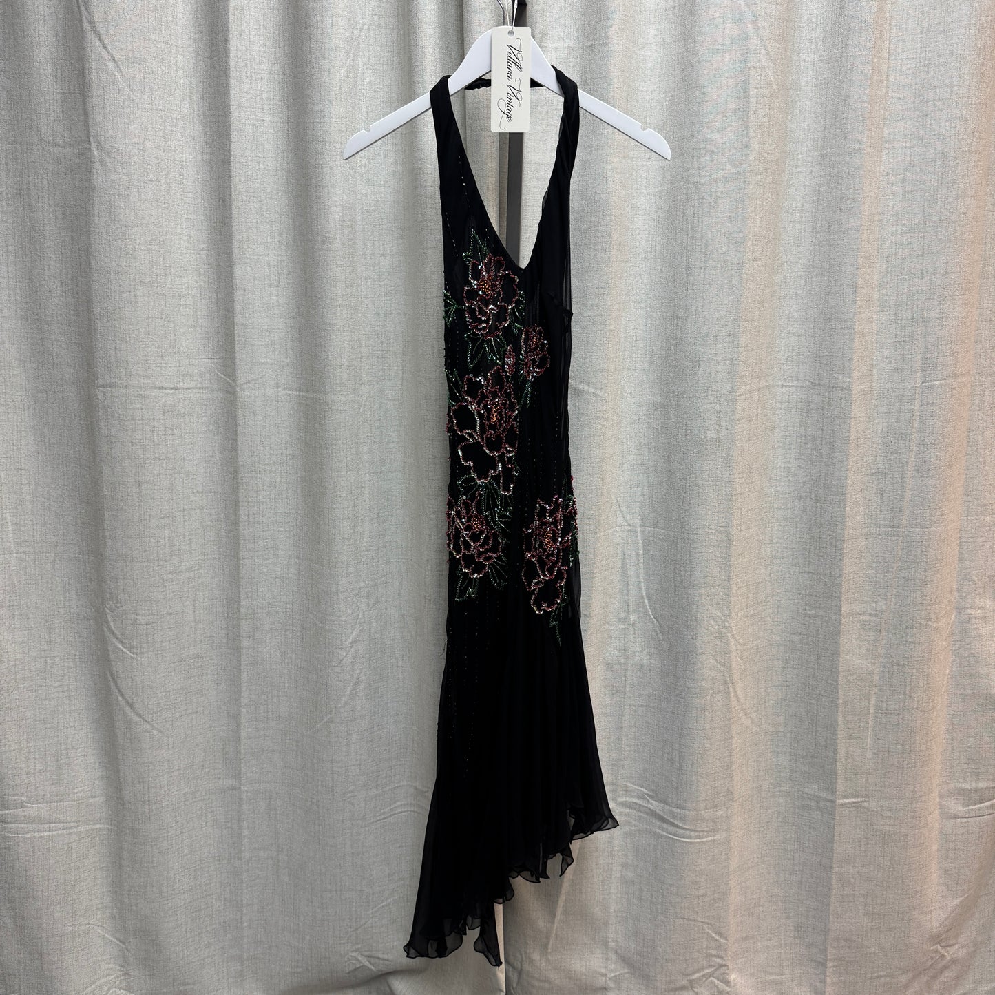 YVE London Black Silk Beaded Floral Halter Neck Backless Dress