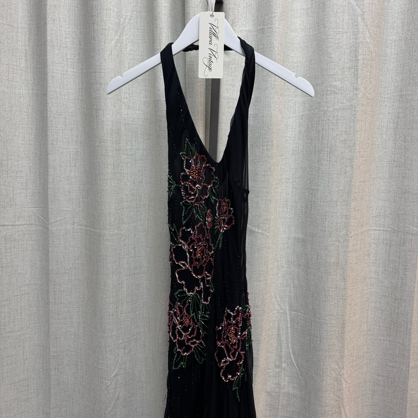 YVE London Black Silk Beaded Floral Halter Neck Backless Dress