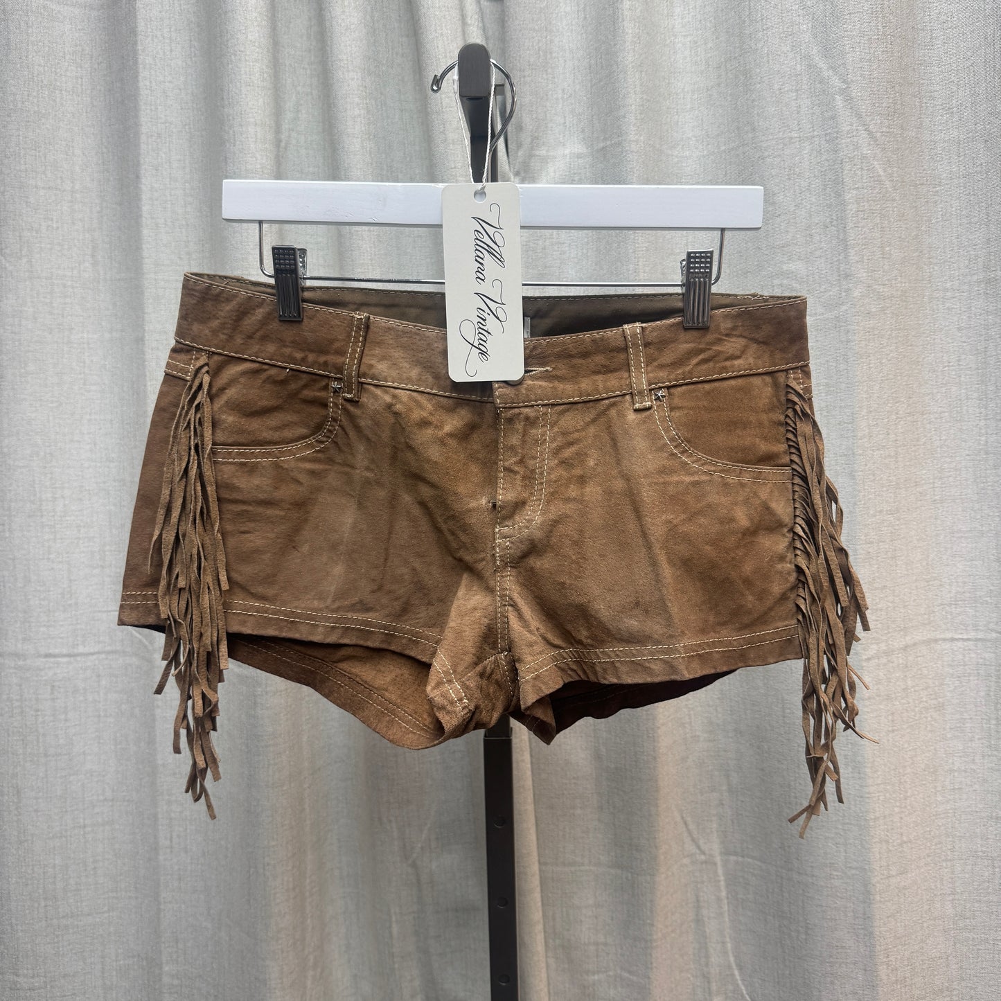 Tan Western Suede Fringe Mini Shorts