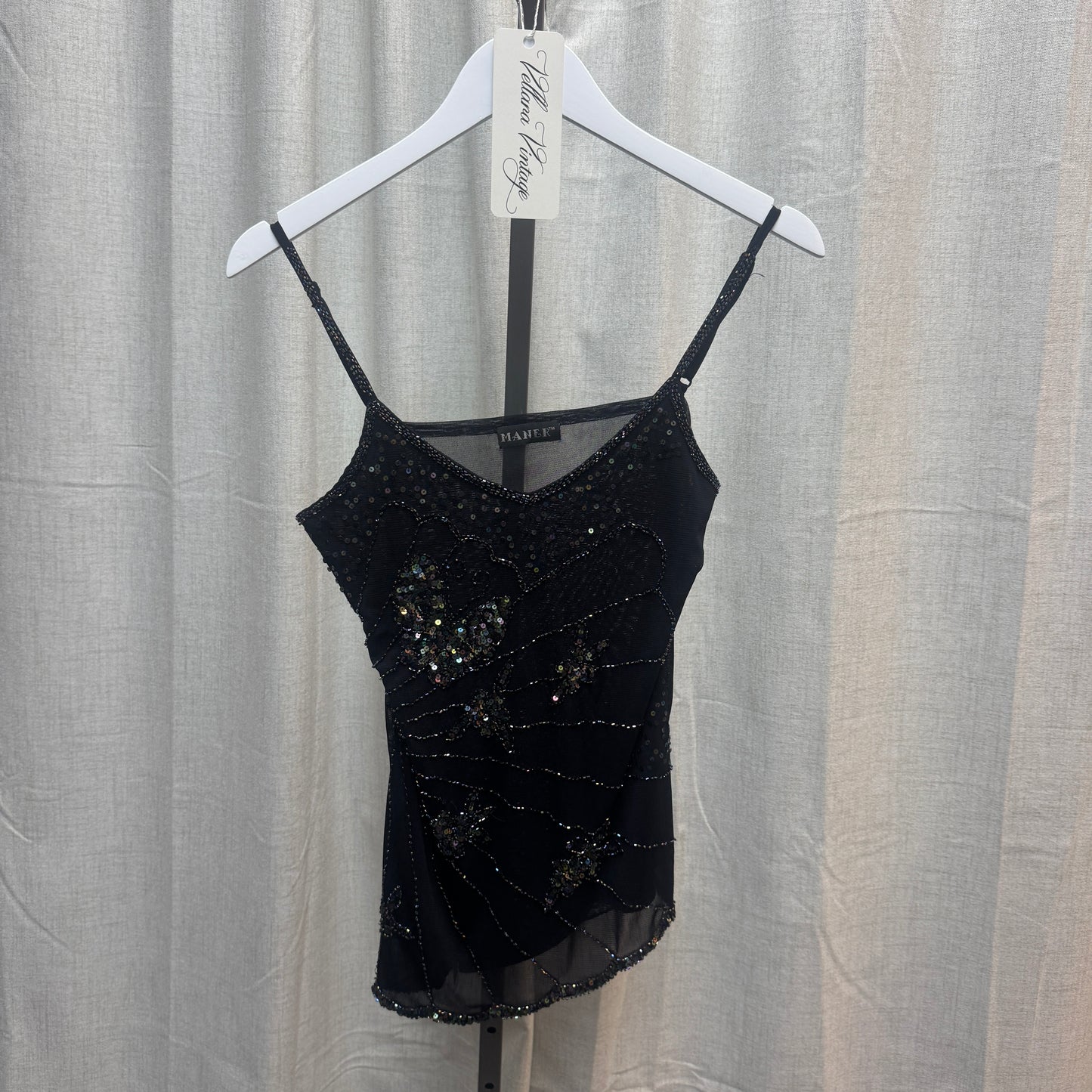 Black Iridescent Beaded Asymmetrical Tank Top