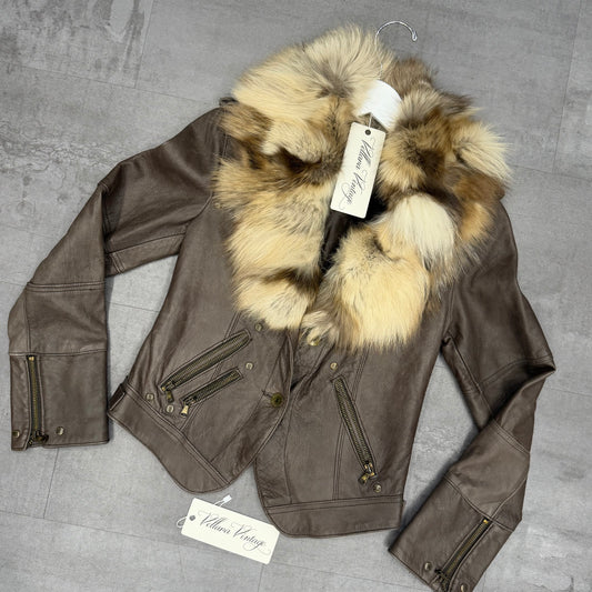 Brown Lamb Leather Jacket with Fox Fur Trim