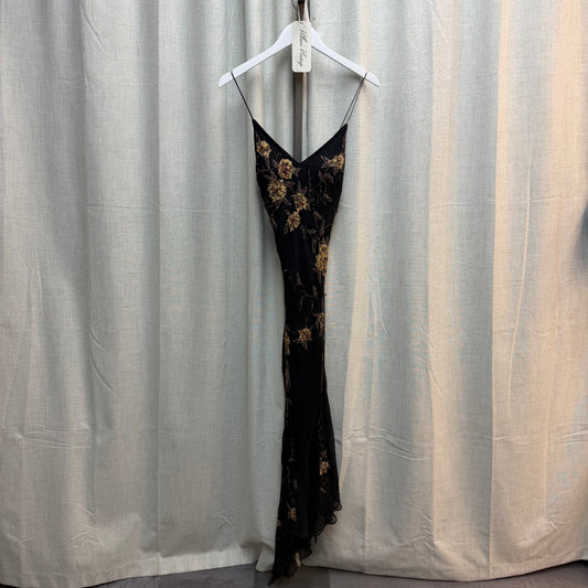 Black Silk & Orange/Brown Beads Floral Maxi Dress w/ Asymmetrical Hem