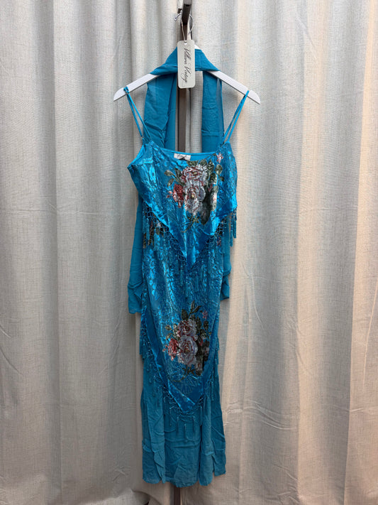 Teal 100% Silk Maxi Dress with Scarf