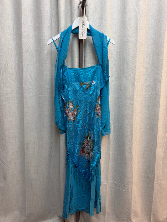 Teal 100% Silk Maxi Dress with Scarf