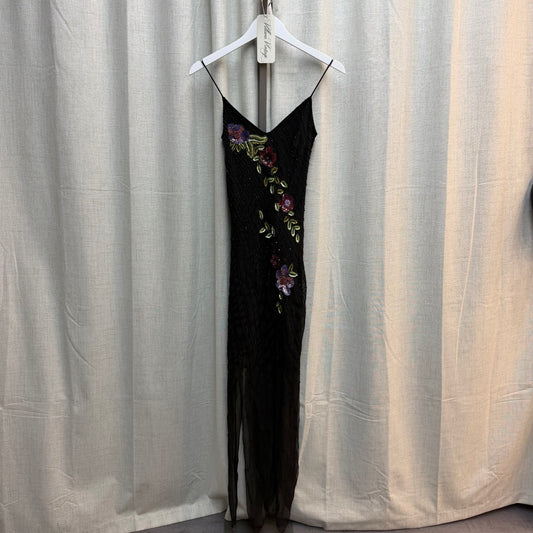 100% Silk Black Floral Beaded Maxi Dress