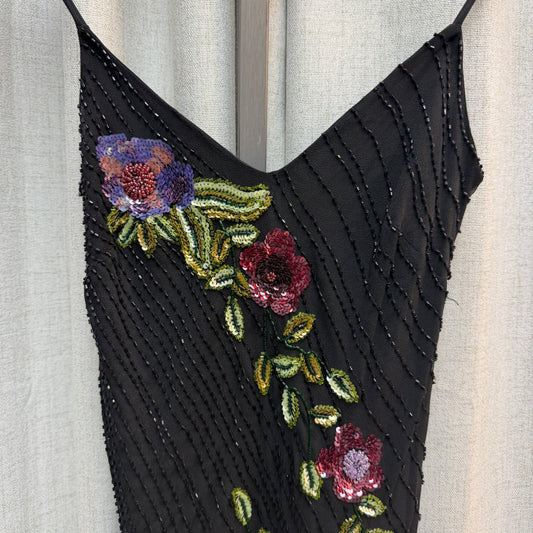 100% Silk Black Floral Beaded Maxi Dress