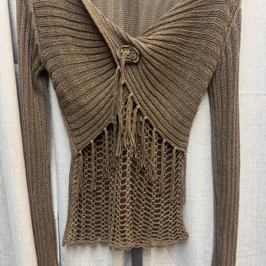 Brown Crochet Fringe Cardigan