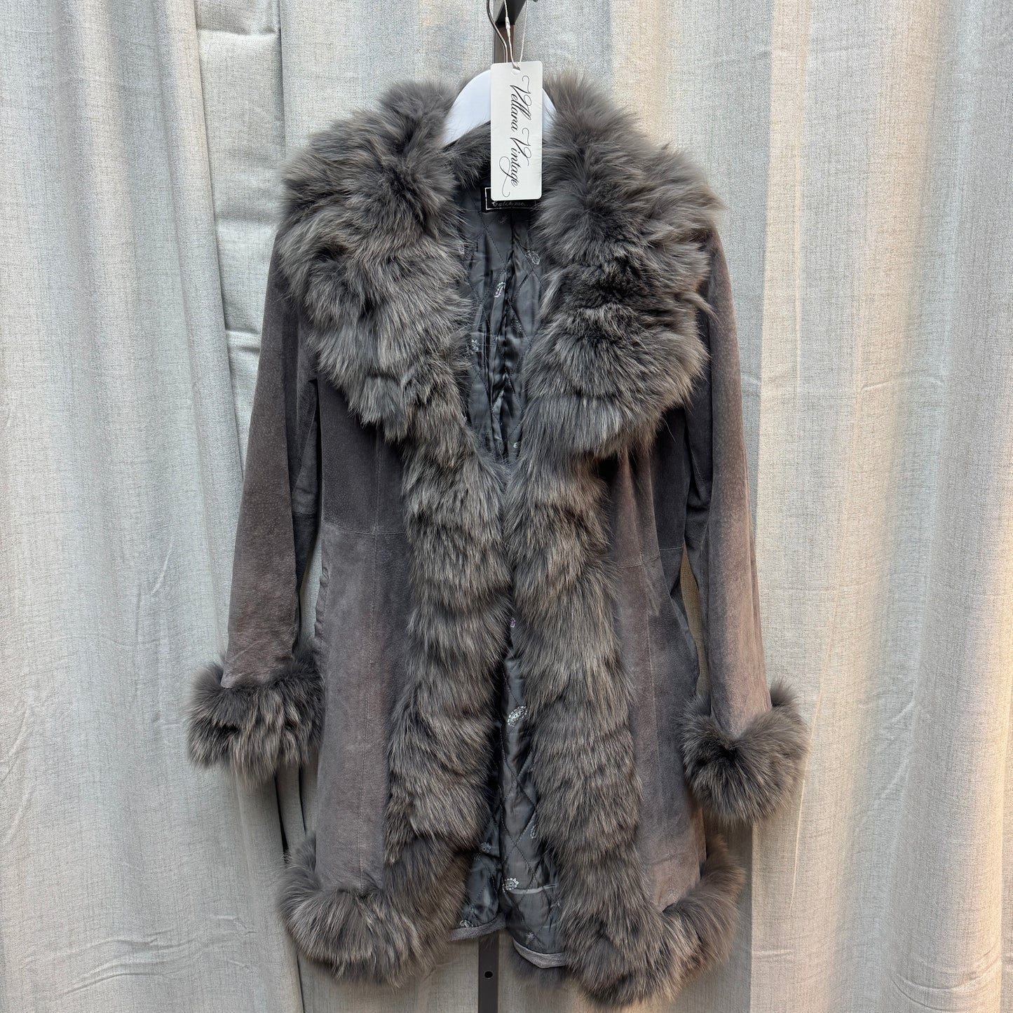 Long Gray Suede Fox Fur Coat