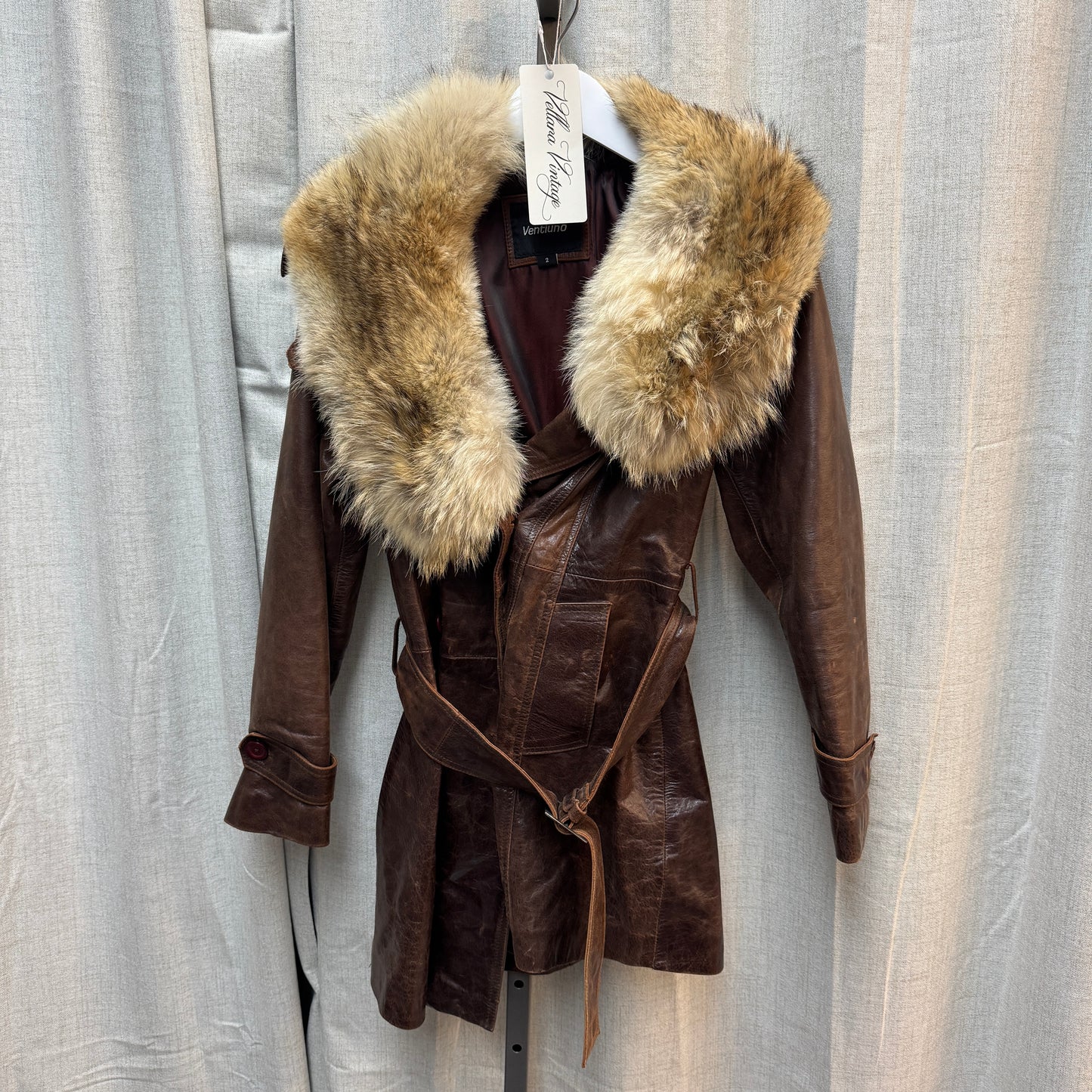 Long Brown Belted Leather Coat with Fur Lining