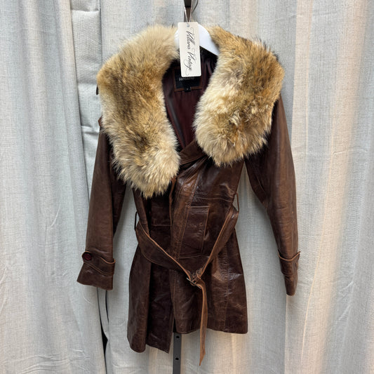 Long Brown Belted Leather Coat with Fur Lining