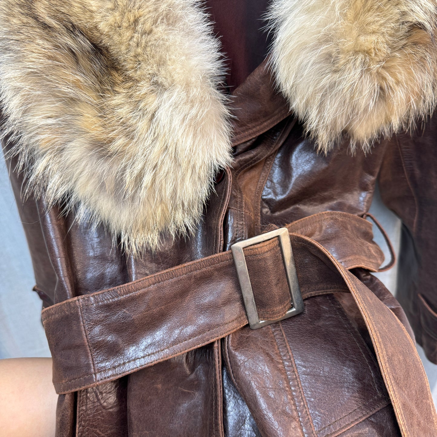 Long Brown Belted Leather Coat with Fur Lining