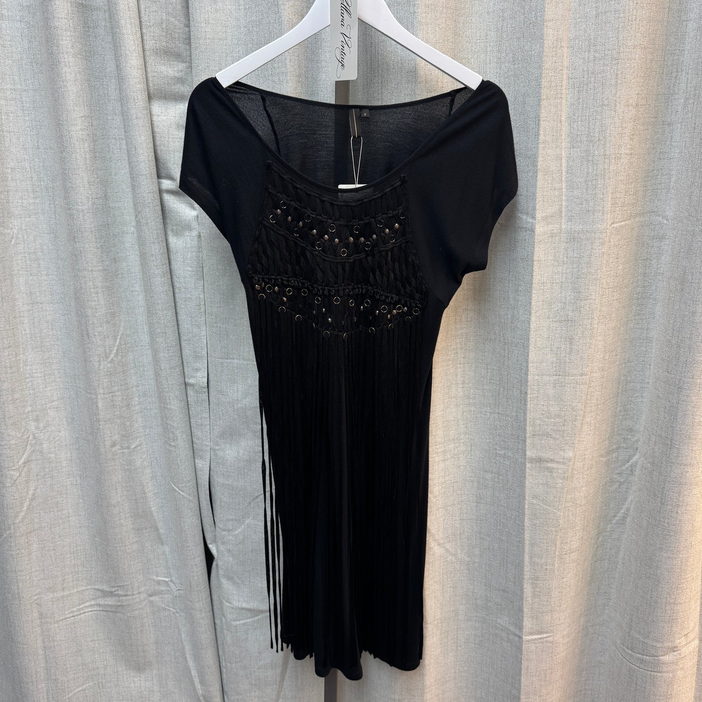 Boho Boatneck Black and Gold Tassel Dress