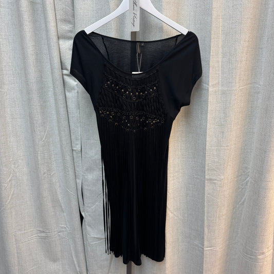 Boho Boatneck Black and Gold Tassel Dress