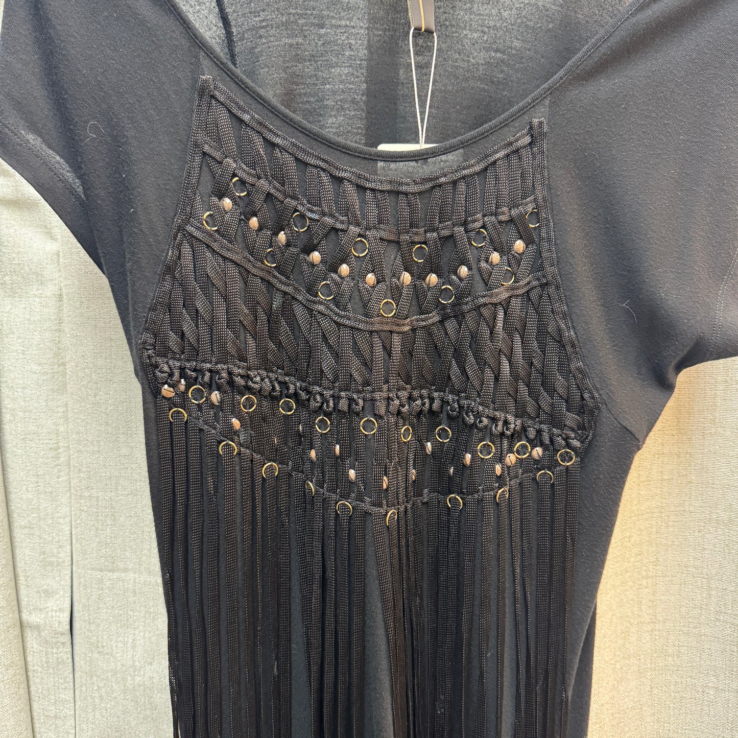 Boho Boatneck Black and Gold Tassel Dress