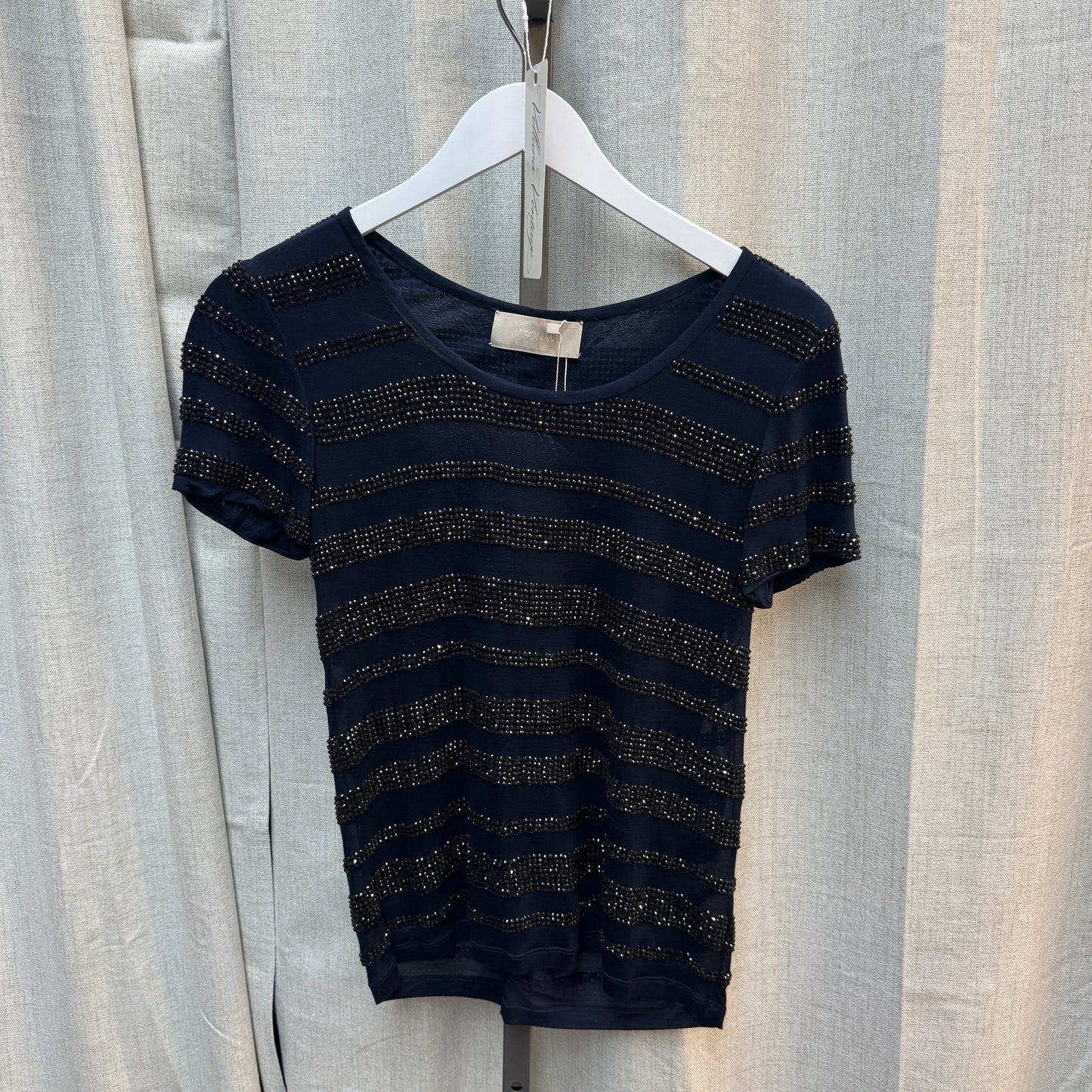 Navy and Black Short Sleeve Beaded Stripe Top