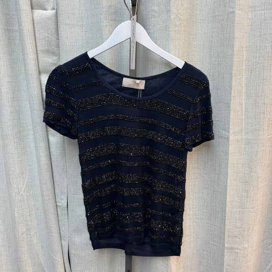 Navy and Black Short Sleeve Beaded Stripe Top