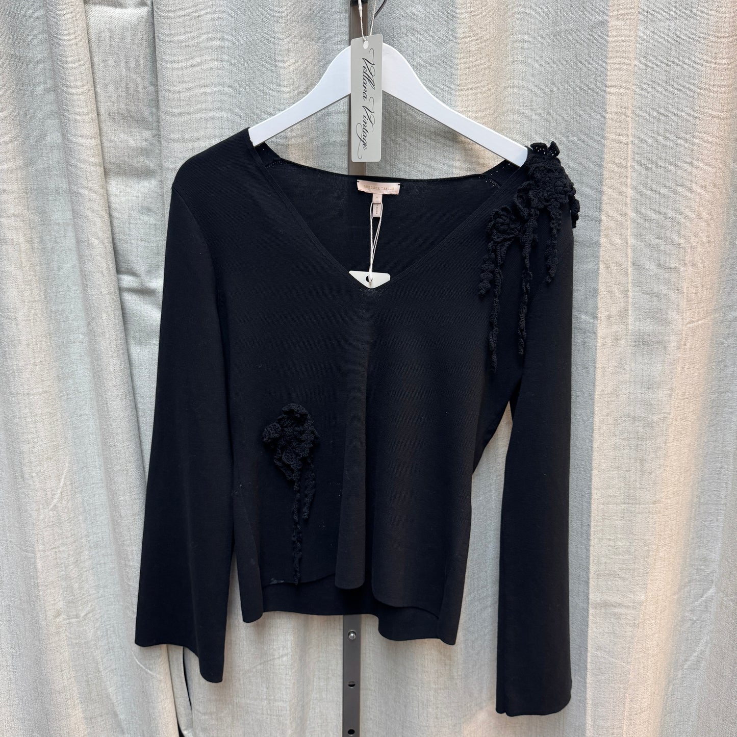BNWT Black Crochet Appliqué Slim Fit V-Neck Cotton Sweater